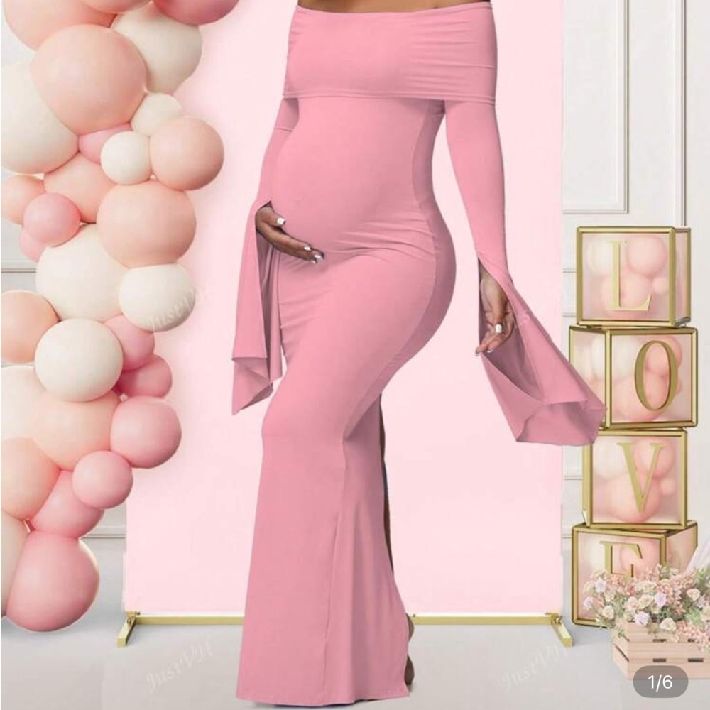 SHEIN Maternity Pink Off-Shoulder Bell Sleeve Maxi Dress